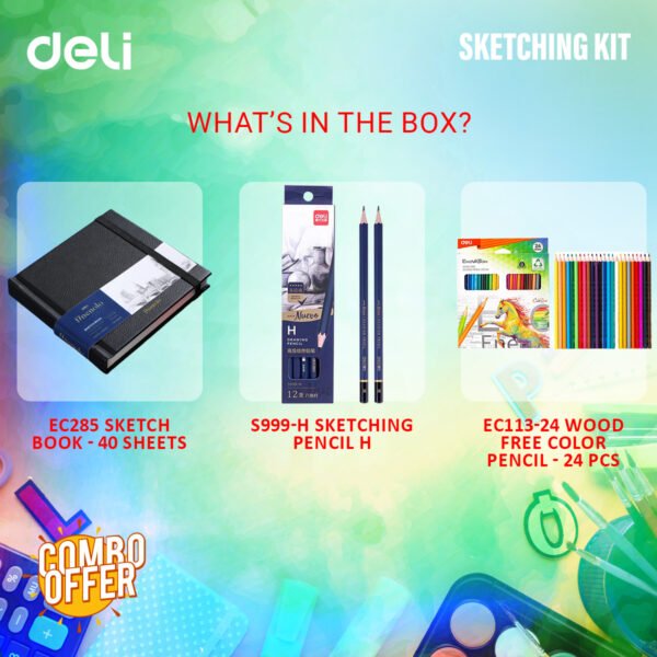 DELI Sketching starter kit 3 on 1 Combo Pack - Sketch Book, Sketching Pencil & Wood Free Color Pencil