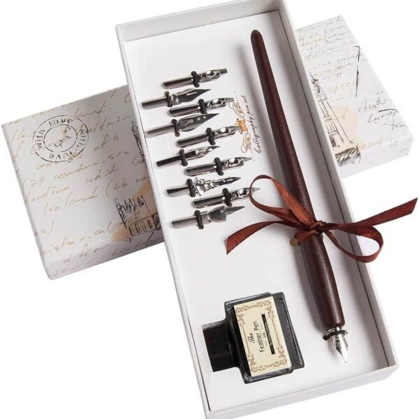 Calligraphy Pen Set Vintage Handcrafted Quill Dip Pen with Ink Smoothly Writing Wooden Pen with 6pcs Metal Nibs (Black inks)