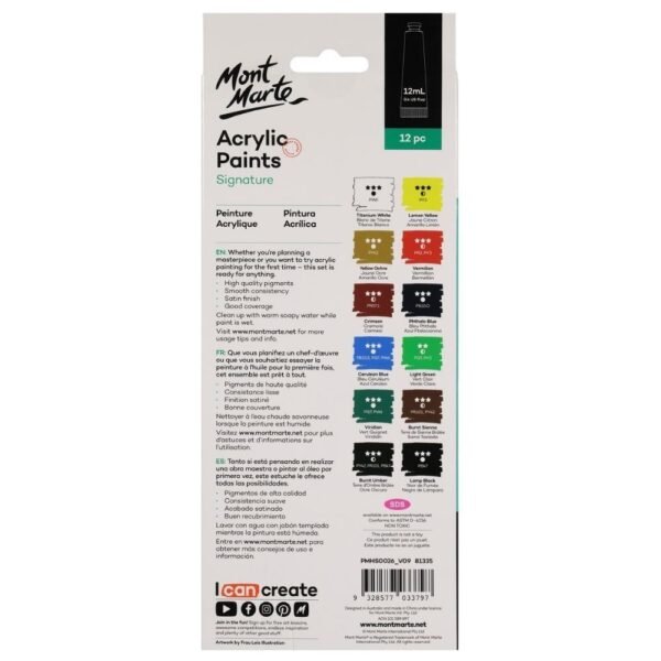 Mont Marte Acrylic Paints 12pc x 12ml