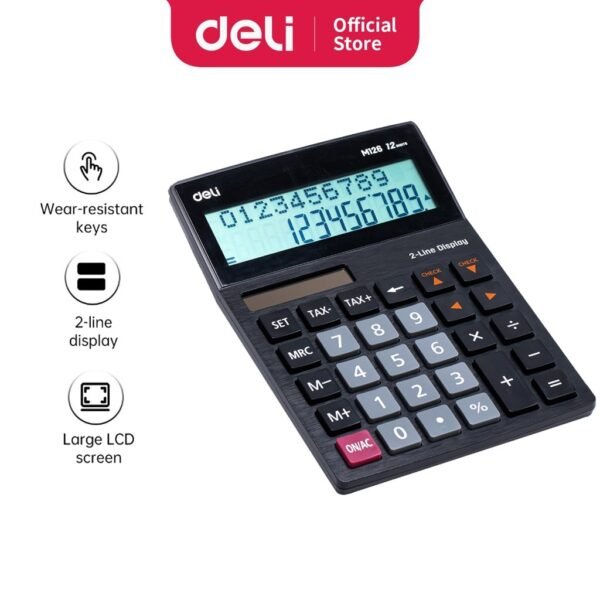 Deli EM126 Plastic-12 digits Black Dual Power Calculator 2 Line Large LCD Display