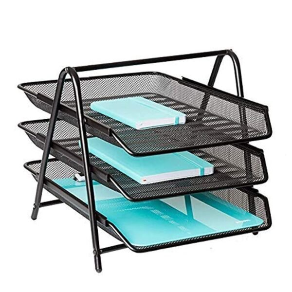 Metal Mesh 3 Tier Document Tray File Tray File Rack for A4 Documents Files Papers folders Holder Desk Organizer (Black)