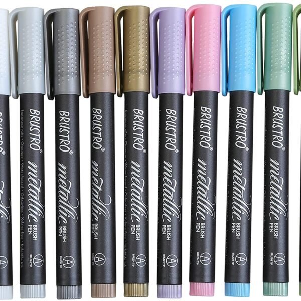 BRUSTRO Metallic Brush Pens - Soft Brush Tip for Calligraphy, Hand Lettering, Colouring, Scrapbooking, Card Making - Set of 10 Colors.