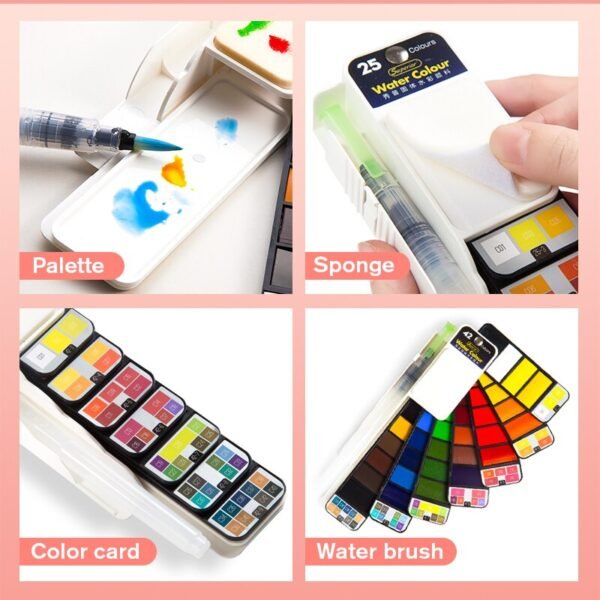 Superior Solid Water colour Cake pigmented 25 Color Set With Water Brush Pen Foldable Travel Watercolor Painting