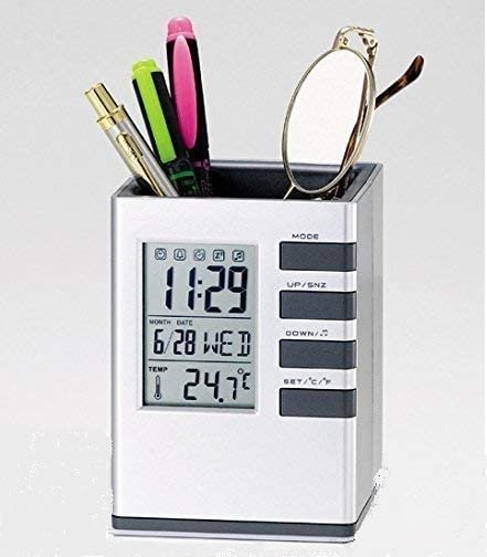 Pen Pencil Holder Stand with Digital Clock Countdown Date Time Temperature Display