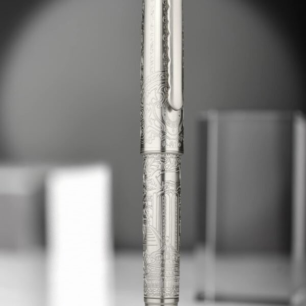 Hongdian 100 Silver Steel Piston Fountain Pen, Iridium Long Blade Fine Nib Calligraphy, Smooth Writing Pen