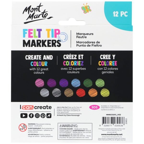 Mont Marte kids Felt Tip Markers 12pc-Basics