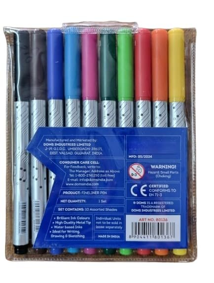 Doms F9 Liner Set of 10 Assorted Shades| 0.5 mm Unique Push Resistant Metal Tip| Water Based Ink| Ideal For Writing, Drawing & Sketching