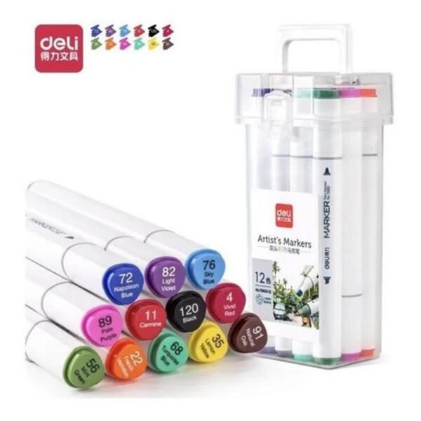 deli e70803 12 sketch marker dual tip art marker, brush and chisel, sketch marker for painting sketching calligraphy drawing, colouring marker pens for sketching 12 colours