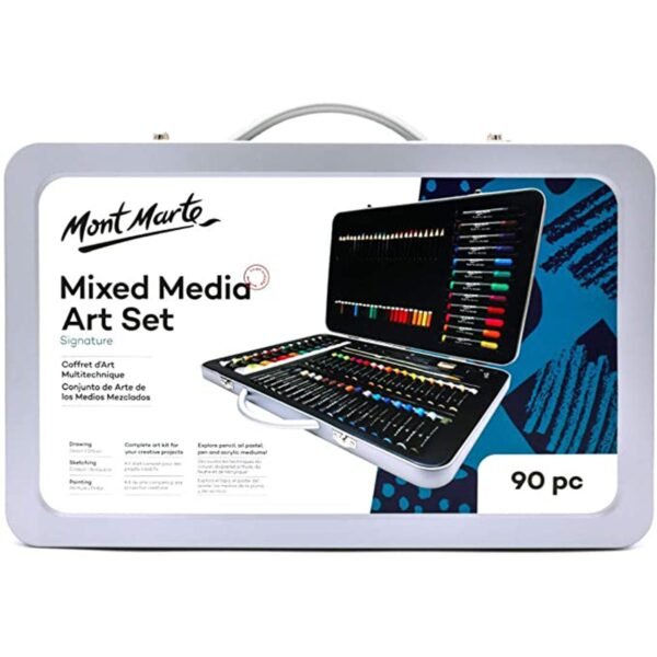 mont marte premium deluxe painting set, 90 piece high quality metal painting case with essential painting media, acrylic, watercolour, oil, pastel, pens, brushes and much more