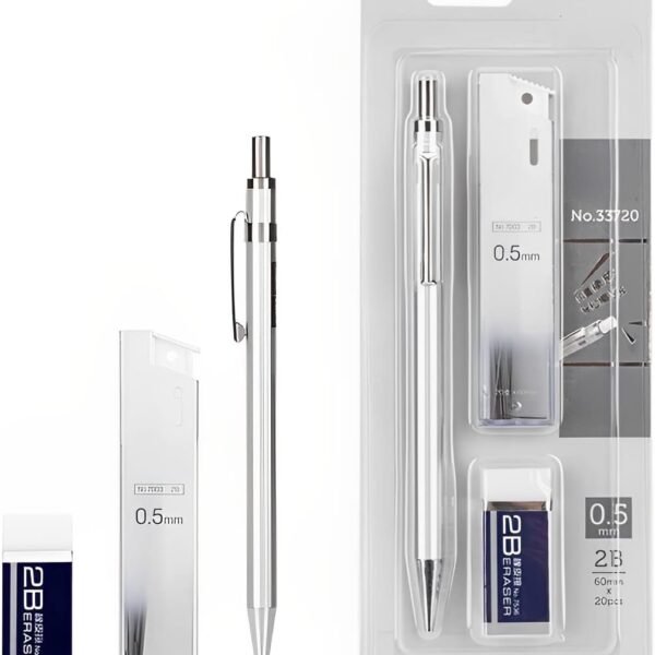 deli 33720 mechanical pencil set metal pen body with 1 tubes 0.5mm 2b lead refills with erasers