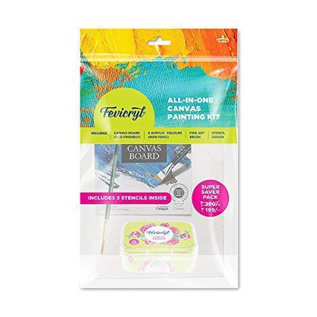 fevicryl all in one artist canvas kit (1 canvas, 1 brush, 1 acrylic colour kit, stencils), diy kit , painting gift set for artists, students fevicryl all in one artist canvas kit (1 canvas, 1 brush, 1 acrylic colour kit, stencils), diy kit , painting gift set for artists, students
