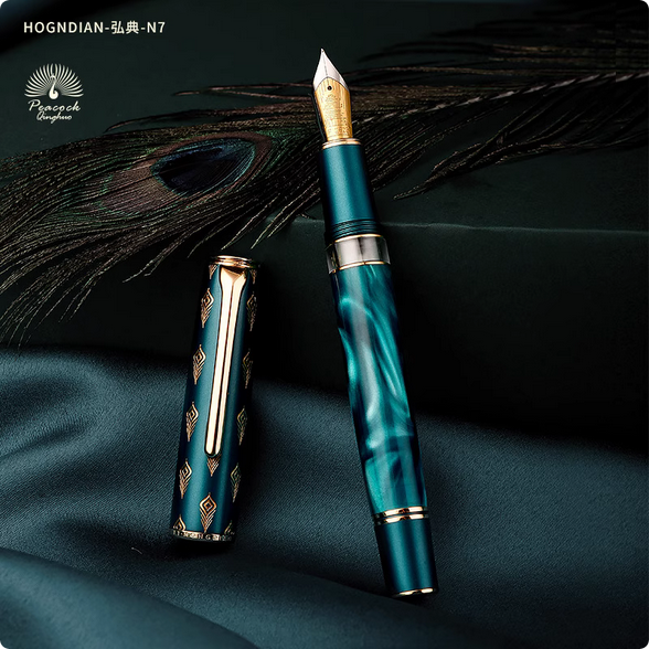 hongdian n7 blue peacock resin piston fountain pen, iridium extra fine nib classic pen, smooth writing pen with metal box