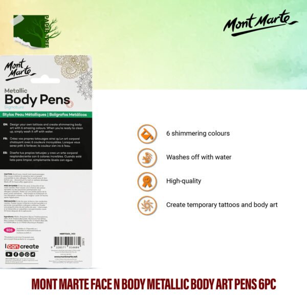 Mont Marte Face n Body Metallic Body Art Pen - Great for parties, special events, festivals and more Create temporary tattoos and body art