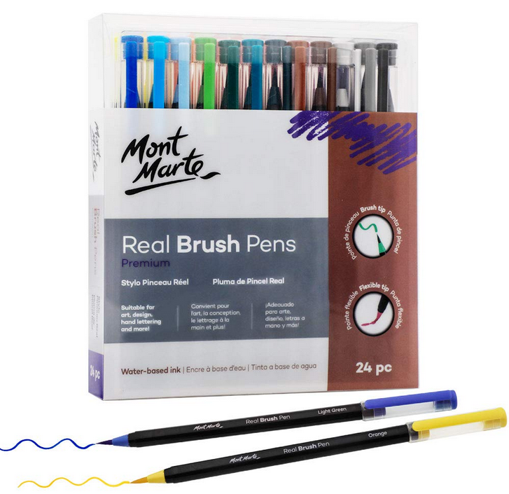 mont marte premium watercolor real brush pens, 24pc artist coloring set, super flexible brush tip, perfect for creating a range of strokes, ideal for art, design, lettering and coloring
