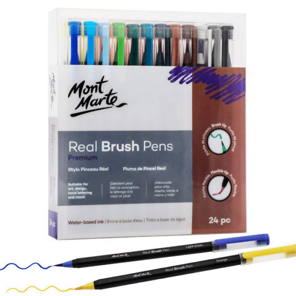 mont marte premium watercolor real brush pens, 24pc artist coloring set, super flexible brush tip, perfect for creating a range of strokes, ideal for art, design, lettering and coloring