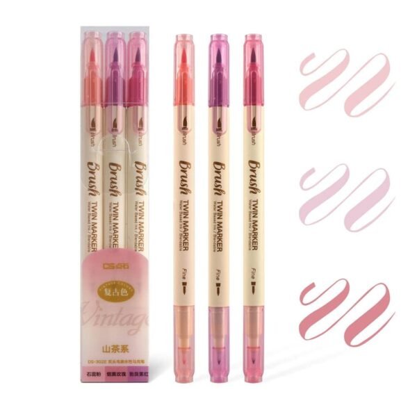 retro color brush pens set dual side fine liner water based ink 3pcs set purple