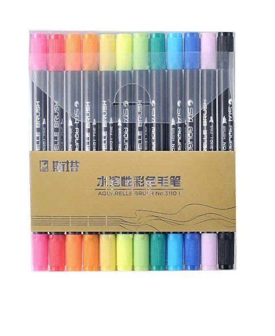 sta aquarelle dual tip fine liner brush pen non toxic water based ink 12 pcs