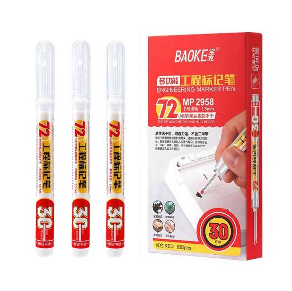 1 pcs baoke 2958 long head enginiaring marker pen long nib head markers for metal perforating pen, waterproof, bathroom, woodworking decoration, multi purpose red