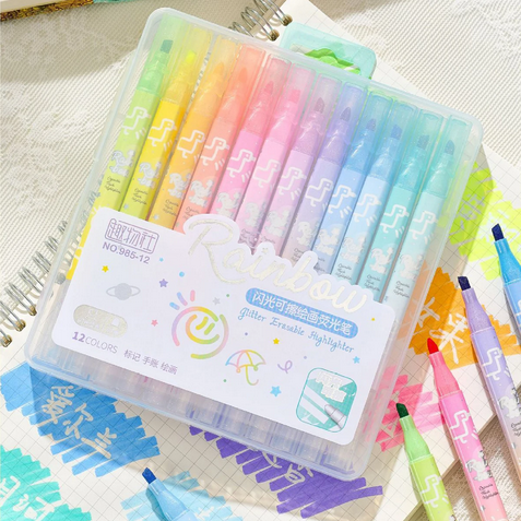 12 colors kawaii erasable glitter highlighter pen pastel fine pastel highlighter marker scrapbook painted stationery supplies