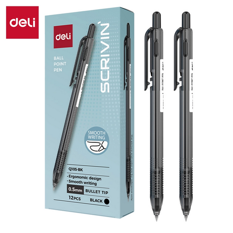 deli scrivin q105 bk retractable ballpoint pens 12 pcs black