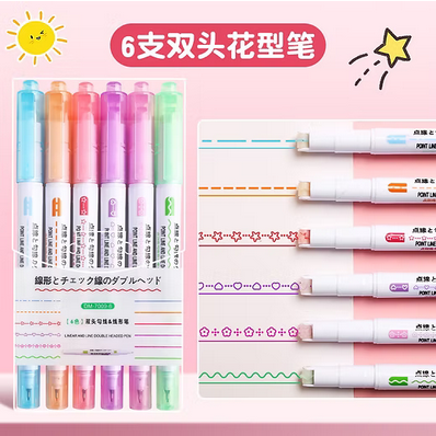 6pcs curves highlighter pen set with 6 different curves shapes fine tips colored curves pens highlighter markers stationery