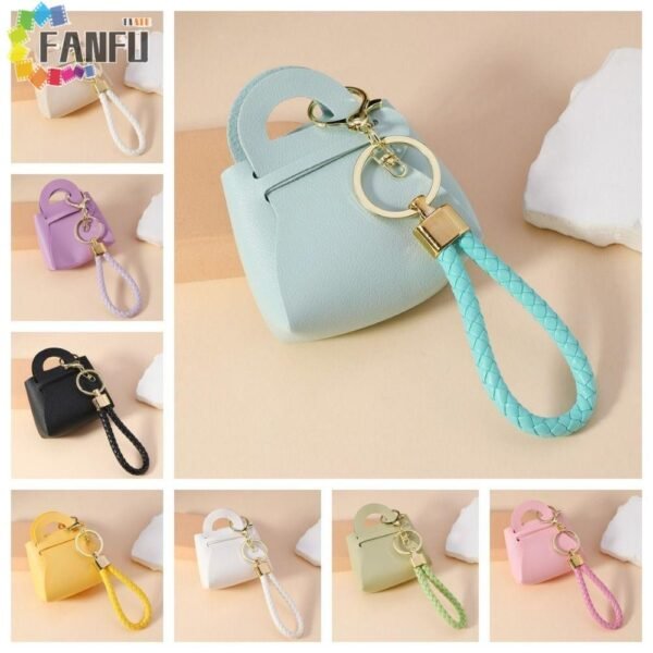 adorable leather mini bag keyring kawaii handheld change purse key chain cute candy color little coin purse keychain (random color)