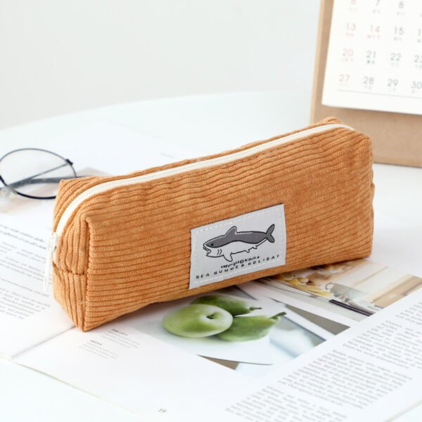 simple ins shark embroidered pencil case cute high value student stationery storage bag light brown