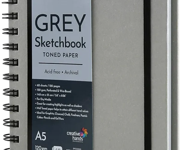 brustro toned paper grey sketchbook | a5, 120 gsm | 60 sheets/120 pages |wiro bound, spiral, drawing, sketching, acid free paper, dry media, mandala art, graphite, charcoal, colour pencils, gel pens