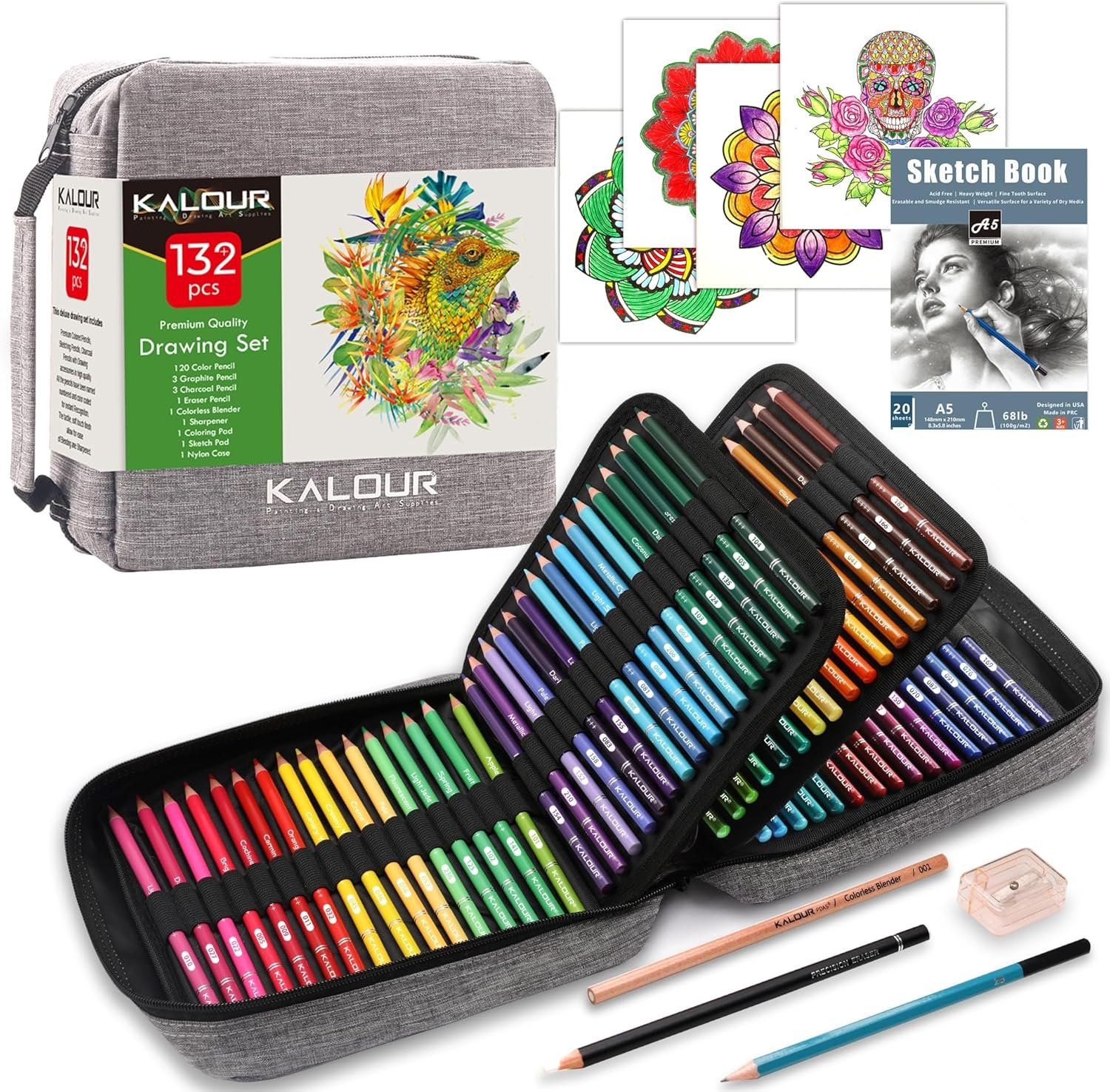 kalour 132 colored pencils set,with adult coloring book and sketch book,artists colorless blender,zipper travel case,soft core,ideal for drawing sketching shading,art supplies for beginners kids kalour 132 colored pencils set,with adult coloring book and sketch book,artists colorless blender,zipper travel case,soft core,ideal for drawing sketching shading,art supplies for beginners kids