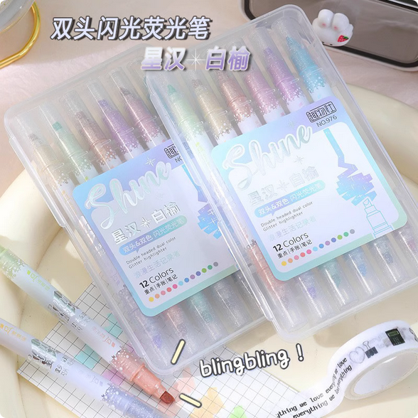shine double headed dual color glitter highlighter 6pens/12 colors