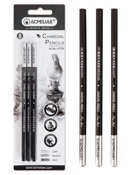 acmeliae professional charcoal ceremony set of 3 pieces soft medium and hard charcooal black drawing pencil for illustration, shading, blending, sketching