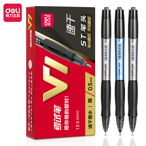 deli v1 press neutral pen fast dry test 0.5mm water based black carbon writing pen press type large capacity stationery