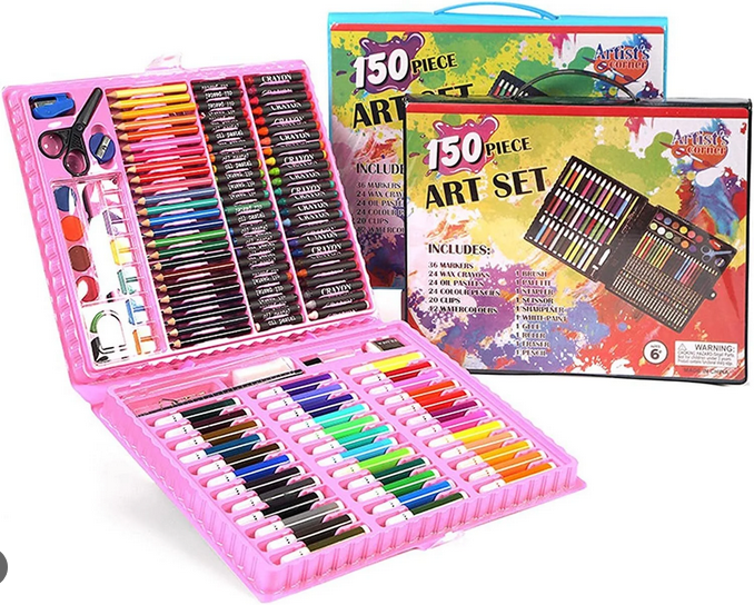150 piece deluxe art set for kids with pencils, markers, crayons, pastels, and more new, high quality drawing and painting supplies