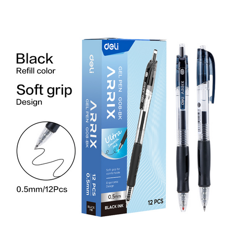 deli eg08 bk arix ultra 0.5mm black ink gel pen, 12 pack smooth writing ballpoint pens