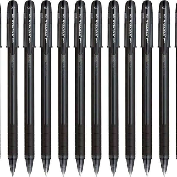 uniball jetstream sx 101 0.7mm roller ball pen black / blue ink, pack of 12