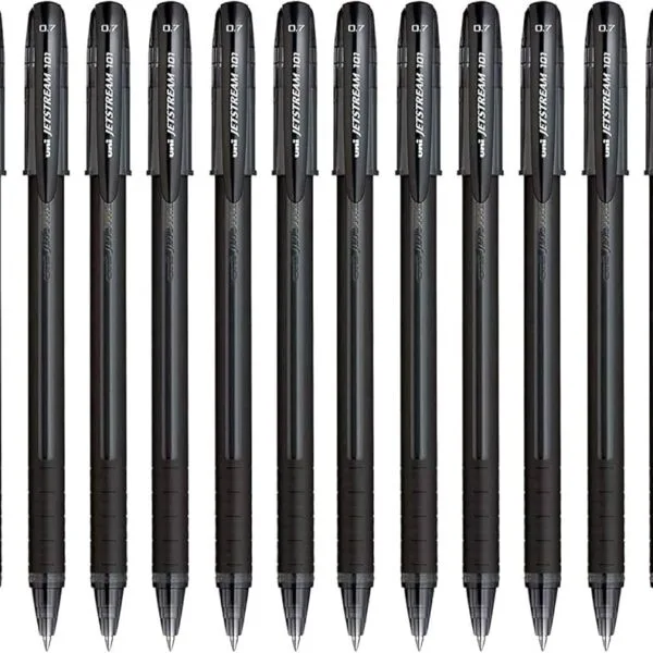 uniball jetstream sx 101 0.7mm roller ball pen black / blue ink, pack of 12