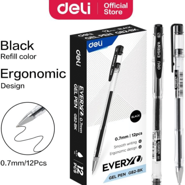 deli eg82 bk transparent gel pen 12 piece set 0.7 mm tip size, black