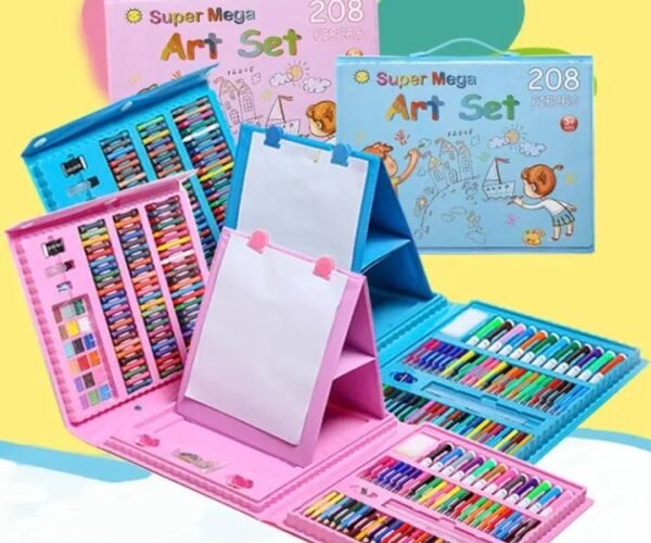 super mega 208 piece kids art set with paints, crayons, markers high quality art supplies for drawing and painting