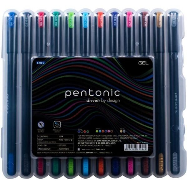 pentonic multicolor gel pen with hard box case (0.6 mm 1.0 mm, black body, 12 pcs set)