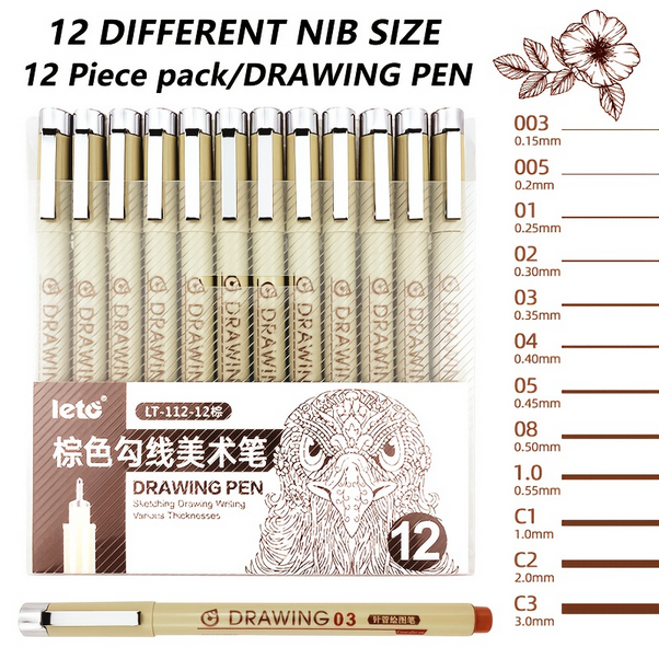 brown drawing pen student waterproof hook line pen art student animation design special comic stroke marker pen set 12 pcs