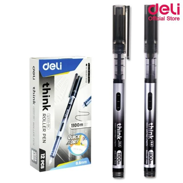 deli eq300bk high quality rollerball pen black ink 0.5mm 12pcs