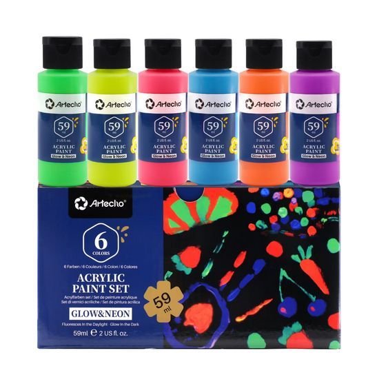 artecho acrylic paint set of 6 neon glow in the dark paint, 2 ounce/59ml paint for art paint, decorate, and many surface
