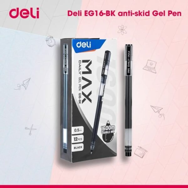 deli eg16 bk anti skid simple black ink gel pen 0.5mm pack of 12 pcs