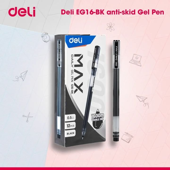 deli eg16 bk anti skid simple black ink gel pen 0.5mm pack of 12 pcs