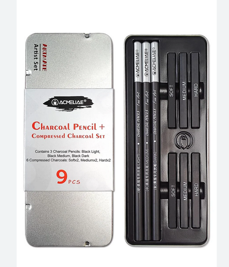 acmeliae charcoal pencil & compressed charcoal in tin box 9pc