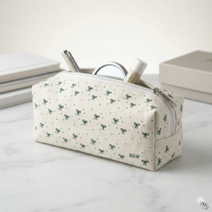 cream-canvas-pencil-case-with-green-ribbon-bow-pattern-and-zipper