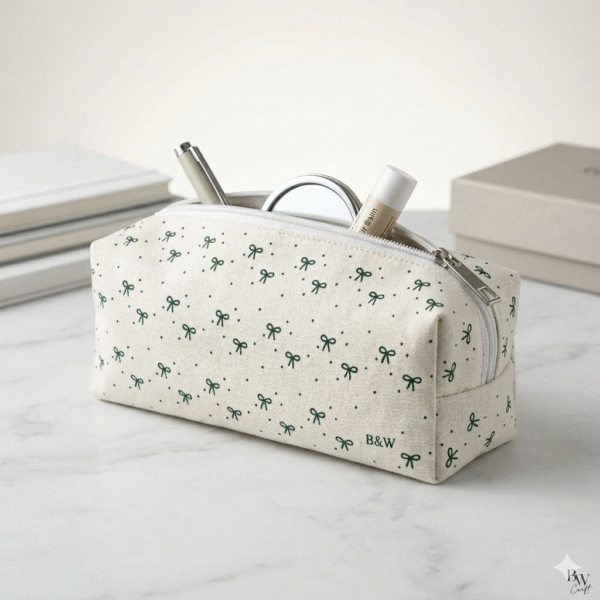 cream-canvas-pencil-case-with-green-ribbon-bow-pattern-and-zipper