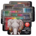 Kalour 180 premium colored pencil set in an open metal box showing three stacked trays of vibrant pencils organized by shade