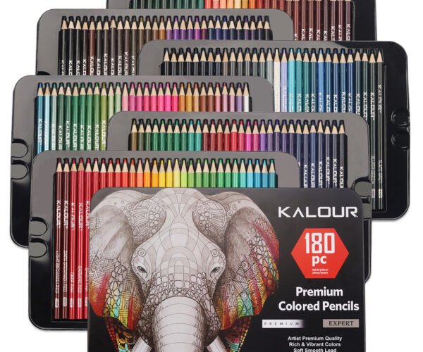 Kalour 180 premium colored pencil set in an open metal box showing three stacked trays of vibrant pencils organized by shade