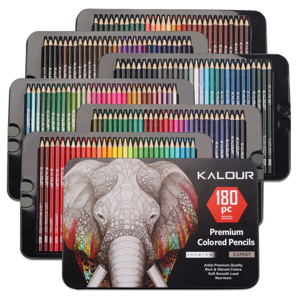Kalour 180 premium colored pencil set in an open metal box showing three stacked trays of vibrant pencils organized by shade